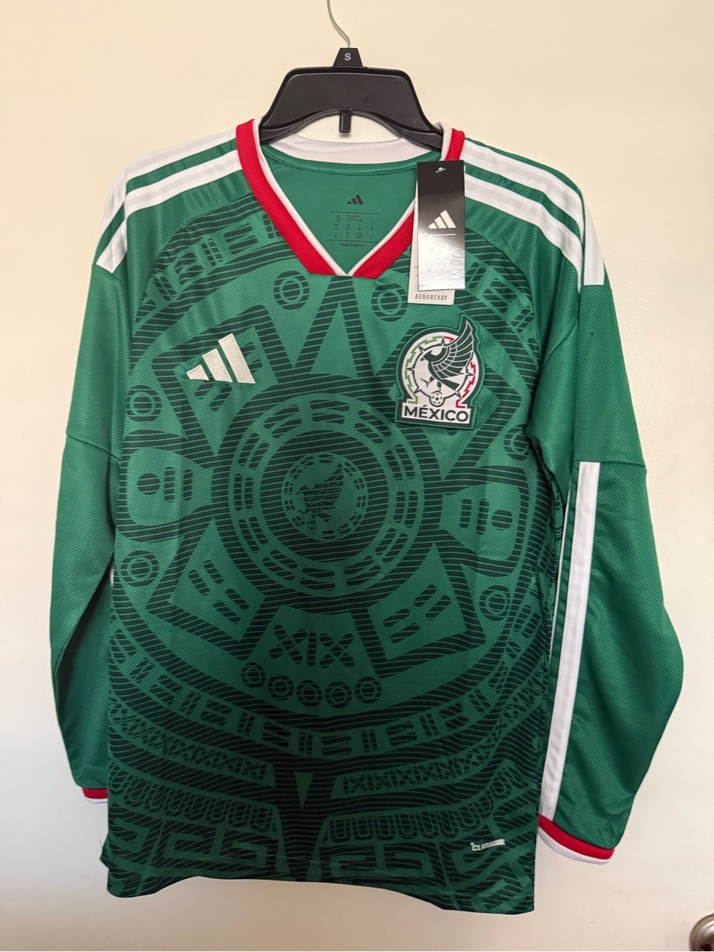 NWT Adidas Green Mexico Aztec-Pattern Soccer Jersey with Red & White Trim.